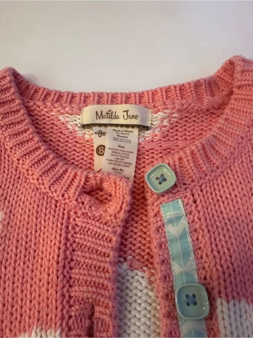 Matilda Jane Pink & White Polka Dot Knit Cardigan with Mint Buttons Girls size 8